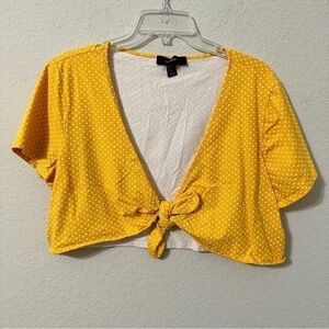 Forever 21 Crop Top Yellow White Polka Dot Tie Front Short Sleeve Plus Size Top